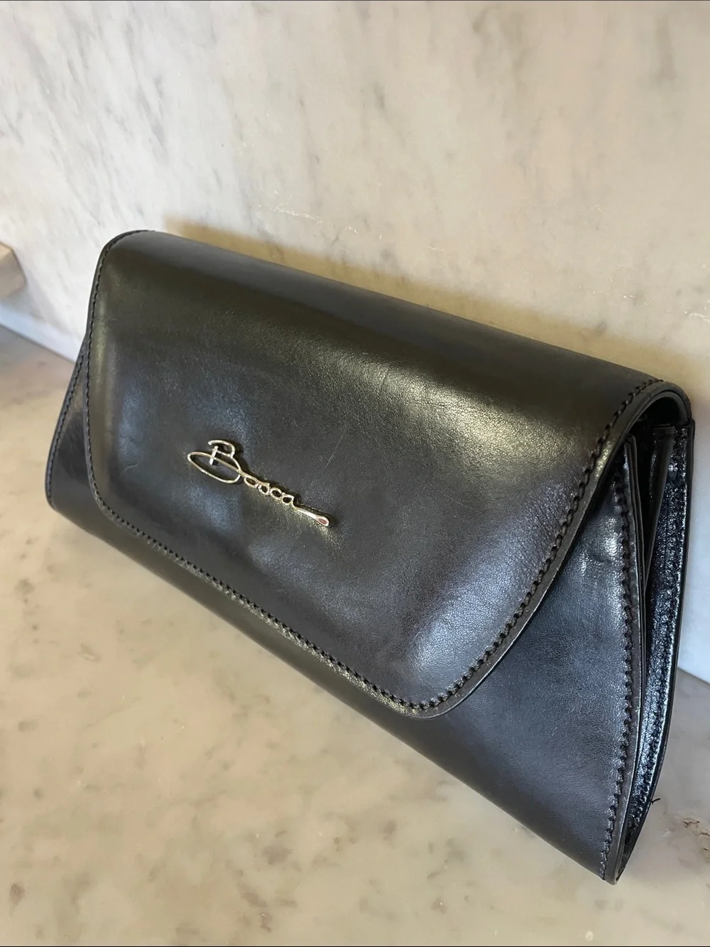 BOSCA Black Leather Italian Clutch with Silver Tone Logo Vintage